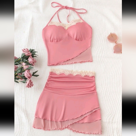 2pc Pink W/Off-White Lace Detail Halter Top & Skirt Set W/Lettuce Trim Hem (M/L) - Picture 1 of 10